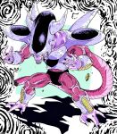  abstract_background alien black_nails collarbone colored_skin dragon_ball dragon_ball_z evil_smile frieza full_body highres horns long_head male_focus multiple_horns oharu2000 open_mouth pink_skin red_eyes severed_tail shadow smile solo spikes tail toriyama_akira_(style) 