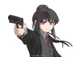  1girl black_hair black_jacket chinese_commentary closed_mouth collared_shirt commentary_request glaring grey_vest gun handgun highres holding holding_gun holding_weapon inoue_takina jacket long_hair long_sleeves looking_at_viewer lycoris_recoil necktie ponytail red_necktie shirt simple_background solo suit_jacket sunglasses upper_body vest violet_eyes waistcoat weapon white_background white_shirt yanlingjinshilihuahua 