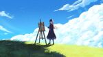  1girl bag black_dress blue_sky canvas_(object) clouds commentary dress easel full_body glasses gradient_hair grass handbag hat highres holding holding_paintbrush holding_palette hololive hololive_english ice_(10222) medium_dress multicolored_hair ninomae_ina&#039;nis ninomae_ina&#039;nis_(casual) official_alternate_costume orange_hair paintbrush painting_(action) palette_(object) purple_hair sky solo tentacle_hair virtual_youtuber 