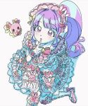  1girl :o animal_print blunt_bangs dress finger_to_own_chin frilled_dress frilled_socks frills from_above hairband hand_up highres ku_(kuooss) lolita_fashion lolita_hairband long_hair looking_at_viewer manaka_non open_mouth pink_footwear pretty_series pripara purple_hair rabbit_print side_ponytail simple_background sitting socks solo sweet_lolita usacha very_long_hair violet_eyes white_background white_dress wrist_cuffs 