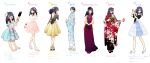  1girl :d age_progression ballroom_gown blue_dress blue_kimono child commentary dessert dress drill_hair flower food hair_bun hair_flower hair_ornament high_heels highres holding holding_food holding_spoon japanese_clothes jewelry kenkyo_kenjitsu_wo_motto_ni_ikite_orimasu kimono kisshouin_reika moya_(3254224) necklace obi open_mouth pearl_necklace red_kimono ribbon sandals sash shawl smile spoon tabi translation_request 