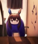  1girl admire_vega_(umamusume) among_us animal_ears brown_hair cosplay crewmate_(among_us) crewmate_(among_us)_(cosplay) ear_covers highres horse_ears horse_girl purple_(among_us) purple_(among_us)_(cosplay) single_ear_cover solo sonicxeon umamusume violet_eyes 