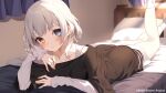  1girl bang_dream! bang_dream!_it&#039;s_mygo!!!!! bed bedroom black_shirt blue_eyes collarbone copyright_name guest_art heterochromia indoors jun_(aousa0328) kaname_raana long_sleeves looking_at_viewer lying official_art on_bed on_stomach second-party_source shirt short_hair socks solo sunlight the_pose white_hair white_shirt white_socks yellow_eyes 