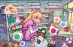  1girl 6+others ?_block backpack bag blonde_hair blue_toad_(mario) calilo cash_register character_charm charm_(object) dress fire_flower green_shell_(mario) green_toad_(mario) groceries highres ice_flower mario multiple_others mushroom pink_dress princess_peach red_toad_(mario) shoes shop smile sneakers squatting super_mario_bros. super_mushroom super_star_(mario) toad_(mario) warp_pipe yellow_toad_(mario) 