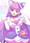  1girl animal_ears bow_choker breasts cake_hair_ornament cat_ears cat_tail choker cure_macaron earrings elbow_gloves extra_ears food-themed_hair_ornament gloves hair_ornament highres jewelry kirakira_precure_a_la_mode long_hair looking_at_viewer macaron_hair_ornament magical_girl medium_breasts momotarouooi paw_pose pom_pom_(clothes) pom_pom_earrings precure purple_choker purple_hair purple_tail ribbon_choker smile solo tail upper_body violet_eyes white_gloves 