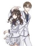 1boy 1girl absurdres blazer blue_bow blue_bowtie blue_necktie bow bowtie brown_eyes brown_hair buttons curly_hair double-breasted enjou_shuusuke grey_shirt hair_tie hand_in_pocket hand_on_another&#039;s_head highres jacket kenkyo_kenjitsu_wo_motto_ni_ikite_orimasu kisshouin_reika light_smile looking_at_another looking_at_viewer necktie pants pleated_skirt red_tie shirt simple_background skirt uma_(zoe-182420) white_background white_jacket white_pants white_skirt 