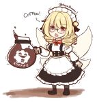  1girl apron black_footwear blonde_hair chestnut_mouth coffee coffee_pot diamon_arga dress drill_hair english_text fairy fairy_wings koffing long_hair long_sleeves luna_child maid_apron maid_headdress pokemon ribbon touhou trembling twitter_username wings 