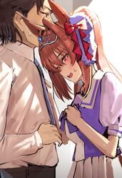  1boy 1girl animal_ears blue_necktie blush bow breasts brown_eyes brown_hair commentary_request daiwa_scarlet_(umamusume) hair_intakes highres horse_ears horse_girl long_hair medium_breasts necktie open_mouth puffy_short_sleeves puffy_sleeves purple_bow purple_shirt red_bow red_eyes redhead school_uniform shirt short_sleeves skirt solokitsune summer_uniform sweat teeth tiara tracen_school_uniform trainer_(umamusume) twintails umamusume upper_body upper_teeth_only very_long_hair white_shirt white_skirt 