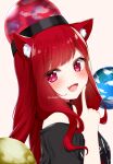  1girl animal_ear_fluff animal_ears bare_shoulders cat_ears cat_girl earth_(ornament) hecatia_lapislazuli highres long_hair moon_(ornament) open_mouth red_eyes redhead shinonome_asu simple_background smile solo touhou underworld_(ornament) white_background 