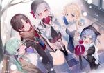  5girls aizawa_ema alternate_costume asumi_sena black_bow black_footwear black_gloves black_hair blonde_hair blue_eyes boots bow closed_mouth fishnet_thighhighs fishnets gloves green_hair hair_bow kaga_sumire kisaragi_ren_(vtuber) long_hair long_sleeves looking_at_viewer miwano_rag mole mole_on_thigh multicolored_hair multiple_girls official_art one_eye_closed open_mouth parted_lips pink_eyes pink_hair ponytail red_eyes redhead scarf short_hair single_thighhigh smile streaked_hair thigh-highs thigh_strap violet_eyes virtual_youtuber vspo! white_hair winter_clothes yakumo_beni 