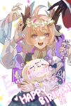  4girls ahoge aloupeep_(enna_alouette) blonde_hair blush braid character_name confetti dated dress english_text enna_alouette enna_alouette_(3rd_costume) ethyria hair_between_eyes happy_birthday head_wings head_wreath highres holding ltanuki333 medium_hair multicolored_hair multiple_girls nijisanji nijisanji_en open_mouth plaid plaid_dress sparkle streaked_hair twin_braids violet_eyes wings 