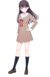  1girl bang_dream! bang_dream!_it&#039;s_mygo!!!!! black_hair black_socks bow bowtie breasts brown_dress brown_footwear closed_mouth collarbone dress full_body hanasakigawa_school_uniform hand_on_own_hip highres kneehighs loafers long_hair long_sleeves looking_at_viewer medium_breasts mole mole_under_eye official_art pleated_dress red_bow red_bowtie sailor_collar sailor_dress school_uniform shiina_taki shoes simple_background socks solo tachi-e transparent_background violet_eyes white_sailor_collar 