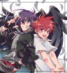  2boys arm_belt belt black_jacket blush border character_name cropped_jacket dark_mousy dnangel feathered_wings feathers fingerless_gloves gloves grin highres interlocked_fingers jacket looking_at_viewer male_focus multiple_boys nari-ham niwa_daisuke open_mouth own_hands_together purple_hair red_belt red_eyes redhead school_uniform short_sleeves smile stretching wings 