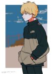  1boy absurdres bags_under_eyes blonde_hair breath chainsaw_man commentary_request denji_(chainsaw_man) fence from_side gurukousu hands_in_pockets highres male_focus orange_eyes profile solo sweater translation_request upper_body 