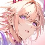  absurdres blonde_hair burgerpackaging choker dragon_horns earrings highres horns indie_virtual_youtuber jewelry otoko_no_ko pale_skin pink_eyes pink_horns pink_ribbon purple_ribbon ribbon shirt white_shirt wind 