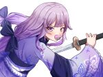  1girl black_bow black_sash blush bow floral_print_kimono gradient_hair grey_hair hair_bow hair_flaps highres holding holding_sword holding_weapon hololive hololive_english japanese_clothes kimono koseki_bijou koseki_bijou_(new_year) long_hair looking_at_viewer low_twintails multicolored_hair official_alternate_costume pacifier purple_hair purple_kimono sash sharkudon sword twintails very_long_hair violet_eyes virtual_youtuber weapon 