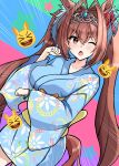  1girl absurdres animal_ears blue_kimono blush breasts chestnut_mouth commentary_request daiwa_scarlet_(umamusume) fukuyama_(superkazuma) hair_intakes heart heart-shaped_eyes highres horse_ears horse_girl horseshoe_print japanese_clothes kimono large_breasts long_hair looking_at_viewer obi one_eye_closed open_mouth pink_nails red_eyes sash smile solo tiara tracen_ondo_(song) tracen_ondo_outfit_(umamusume) twintails umamusume upper_body very_long_hair white_background 