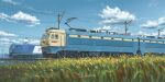  blue_sky chinese_text clouds cloudy_sky grass highres no_humans painting_(medium) power_lines railroad_tracks scenery shouhui_lang_qun signature sky summer traditional_media train utility_pole vehicle_focus 