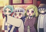  4girls :d arms_behind_head blonde_hair blue_shorts blunt_bangs braid brown_eyes brown_jacket closed_mouth coat commentary_request cowboy_shot crown_braid glasses green_eyes green_hair grey_coat grey_hair hair_between_eyes hands_up highres idol_time_pripara jacket koda_michiru kokichi_yoko long_hair long_sleeves low_twintails midorikaze_fuwari multiple_girls nijiiro_nino open_mouth outdoors outstretched_arm own_hands_clasped own_hands_together pointing pointing_up pretty_series pripara road round_eyewear shikyoin_hibiki shirt short_hair shorts smile standing street twintails very_long_hair violet_eyes wavy_hair white_shirt 