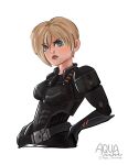  1girl absurdres aqua_marinae armor artist_name belt black_armor blonde_hair blue_eyes breasts closed_mouth elbow_gloves full_armor gloves hand_on_belt hand_on_own_hip highres lips neon_trim short_hair solo standing tamora_jean_calhoun wreck-it_ralph 