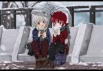  1boy 1girl bag black_pantyhose cup food full_body fumiko_(mesushi) holding holding_umbrella iria_animi letterboxed open_mouth pantyhose pleated_skirt ruca_milda scarf school_bag short_hair sitting skirt smile snow snowing tales_of_(series) tales_of_innocence umbrella 