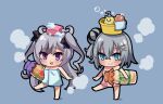  2girls azur_lane black_hair black_ribbon blue_background blue_eyes chibi crossed_bangs elbe_(azur_lane) fang grey_hair hair_bun hair_ornament hair_ribbon jade_(azur_lane) long_hair manjuu_(azur_lane) medium_hair micchi_(umatankita) multicolored_hair multiple_girls naked_towel ribbon simple_background single_hair_bun skin_fang smile soap soap_bottle soap_bubbles steam streaked_hair towel two_side_up violet_eyes x_hair_ornament 