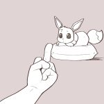  ajin_(ajinhdremix) animal_focus closed_mouth commentary disembodied_limb eevee english_commentary flat_color full_body grey_background looking_at_viewer lying middle_finger monochrome pet_bed pokemon pokemon_(creature) pov raised_eyebrows simple_background sketch 
