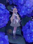  1girl animal_ears blonde_hair blue_flower breasts closed_mouth dress flower full_body highres hydrangea kneehighs leaf long_hair looking_at_viewer medium_breasts original purple_flower shoes short_sleeves socks solo standing very_long_hair vinoker violet_eyes water_drop white_socks 