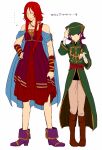  1boy 1girl bandaged_arm bandages boots coin cosplay costume_switch crossdressing fire_emblem fire_emblem:_the_sacred_stones holding holding_coin joshua_(fire_emblem) joshua_(fire_emblem)_(cosplay) knee_boots leather leather_boots lute_(fire_emblem) lute_(fire_emblem)_(cosplay) purple_hair redhead saichi_(meme+) translation_request 