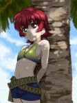  1girl ammunition_belt blue_shorts clouds collarbone fumiko_(mesushi) iria_animi lips looking_at_viewer palm_tree red_eyes redhead short_hair shorts solo swimsuit tales_of_(series) tales_of_innocence tree 