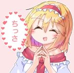  1girl alice_margatroid bare_shoulders blonde_hair blush capelet closed_eyes dondyuruma frilled_hairband frills hairband heart lolita_hairband medium_hair off_shoulder open_mouth pink_background red_hairband smile solo steepled_fingers touhou translation_request white_capelet 