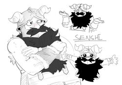  1boy beard collage crossed_arms dom_doggo dungeon_meshi dwarf expressions facial_hair fake_horns greyscale helmet horned_helmet horns long_beard looking_ahead male_focus monochrome outstretched_arms pleading_eyes senshi_(dungeon_meshi) shrugging spread_arms thick_mustache very_long_beard 