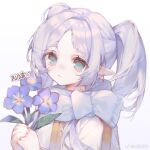  1girl artist_name blue_eyes blue_flower chinese_commentary commentary_request cupping_hands dot_nose dress drop_earrings earrings elf flower frieren frown gold_trim hair_intakes highres holding holding_flower jewelry long_hair looking_at_viewer nemophila_(flower) own_hands_together parted_bangs pink_nails pointy_ears scarf sidelocks solo sousou_no_frieren twintails upper_body weibo_logo weibo_username white_dress white_scarf xi_guapi 