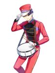  1boy adjusting_clothes adjusting_headwear alternate_hair_color band_uniform blue_eyes buttons closers collared_jacket double-breasted drumsticks feet_out_of_frame gloves hand_on_headwear hand_up hat high_collar highres holding holding_drumsticks jacket leg_up long_sleeves looking_at_viewer male_focus marching_band nata_(closers) official_art pants parted_lips purple_hair red_headwear red_jacket red_pants shako_cap short_hair single_vertical_stripe smile snare_drum solo standing standing_on_one_leg uniform v-shaped_eyebrows white_background white_gloves 