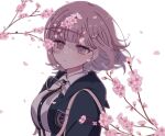  1girl backpack bag black_jacket blunt_bangs breasts chi_gu collared_shirt danganronpa_(series) danganronpa_2:_goodbye_despair dress_shirt flower galaga hair_ornament highres hood hood_down jacket large_breasts nanami_chiaki neck_ribbon open_clothes open_jacket pink_eyes pink_flower pink_ribbon ribbon shirt solo upper_body white_background white_shirt 