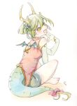  1girl barefoot bow brown_horns draco_centauros dragon_girl dragon_tail dragon_wings dress fang gloves green_hair hair_between_eyes highres horns looking_back oekaki_rabbits painting_(medium) puyopuyo red_dress signature sitting skin_fang slit_pupils solo tail tail_bow tail_ornament traditional_media watercolor_(medium) white_gloves wings yellow_eyes 