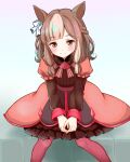  1girl animal_ears brown_eyes brown_hair character_request check_character closed_mouth dress gradient_background hair_ornament hair_ribbon horse_ears horse_girl long_hair looking_at_viewer multicolored_hair red_dress red_thighhighs ribbon saburouta_(hox-666) silt_pad sitting smile solo thigh-highs two-tone_hair umamusume white_background 