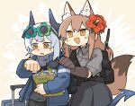  2girls animal_ear_fluff animal_ears arknights backpack bag black_shirt blue_jacket blush book bookmark brown_gloves brown_hair chibi commentary_request cowboy_shot demon_girl demon_horns demon_tail excited eyewear_on_head flower flower-shaped_eyewear fox_ears fox_girl fox_tail franka_(arknights) gloves grey_hair grey_shirt hair_flower hair_ornament hibiscus highres holding holding_book horns jacket konno_akikaze liskarm_(arknights) long_hair looking_down multiple_girls nervous open_mouth orange_eyes red_flower shirt short_hair simple_background smile suitcase sunglasses tail twitter_username watch watch yellow_background yellow_eyes 