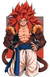  1boy absurdres biceps black_wristband blue_eyes blue_sash body_fur dragon_ball dragon_ball_gt gogeta highres looking_at_viewer male_focus metamoran_vest monkey_boy monkey_tail muscular muscular_male no_nipples pants pectorals redhead relio_db318 sash simple_background smile solo spiky_hair super_saiyan super_saiyan_4 tail veins veiny_hands white_pants 