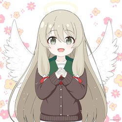  1girl :d bow brown_cardigan cardigan collarbone commentary_request feathered_wings floral_background green_sailor_collar grey_eyes grey_hair hair_between_eyes hair_bow halo interlocked_fingers kokudo_aya kusunoki_mebuki_wa_yuusha_de_aru long_hair long_sleeves looking_at_viewer mitya own_hands_clasped own_hands_together pleated_skirt puffy_long_sleeves puffy_sleeves red_bow sailor_collar school_uniform serafuku sidelocks simple_background skirt sleeves_past_wrists smile solo very_long_hair white_background white_skirt white_wings wings yuusha_de_aru 