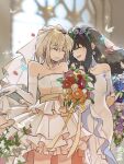  2girls absurdres black_hair blonde_hair blue_choker blue_flower blush bouquet bridal_veil bug butterfly chinese_commentary choker church closed_eyes commentary_request confetti cowboy_shot dress earrings elbow_gloves flower flower_earrings gloves highres holding holding_bouquet indoors inoue_takina jewelry lycoris_recoil medium_hair multiple_girls nishikigi_chisato off-shoulder_dress off_shoulder orange_flower parted_lips pink_flower purple_flower red_flower smile strapless strapless_dress veil wedding_dress white_butterfly white_dress white_gloves wife_and_wife yanlingjinshilihuahua yellow_flower yuri 