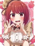  1girl absurdres alternate_costume arima_kana beret blunt_bangs blush bob_cut border brown_headwear brown_shirt center_frills commentary_request embarrassed fangs frilled_wrist_cuffs frills hands_up hat hat_ribbon heart heart_hands heart_in_eye highres inverted_bob looking_at_viewer meiji_(meizi493) mini_hat open_mouth oshi_no_ko pink_background plaid_headwear polka_dot polka_dot_background puffy_short_sleeves puffy_sleeves red_eyes redhead ribbon shirt short_hair short_sleeves simple_background solo sweatdrop symbol_in_eye teeth upper_body upper_teeth_only wavy_mouth white_border white_shirt wrist_cuffs 