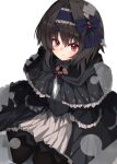  1girl 9-nine- absurdres arms_at_sides black_capelet black_hair black_pantyhose black_shirt black_skirt blue_bow blue_hairband blush bow capelet closed_mouth commentary frilled_capelet frilled_hairband frills from_above frown full_body gothic_lolita hair_between_eyes hair_bow hair_intakes hair_ornament hairband hairclip highres knees_out_of_frame lolita_fashion long_sleeves looking_at_viewer medium_hair nodoameyatou pantyhose pleated_skirt red_eyes shirt sidelocks simple_background skirt solo split_mouth two-tone_skirt white_background white_shirt white_skirt yuuki_noa 