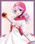  1girl :d border breasts dated dragon_quest dragon_quest_ii dress fang holding holding_scepter hood hood_up long_hair long_sleeves medium_breasts open_mouth outside_border pink_hair princess_of_moonbrook print_headwear purple_border red_headwear red_hood saburouta_(hox-666) scepter signature smile solo standing tongue white_background white_dress wide_sleeves 