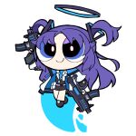  1girl blue_archive blue_necktie chibi full_body gun h&amp;k_mp5 halo mechanical_halo necktie powerpuff_girls_(style) purple_hair simple_background smile solo submachine_gun taube_dorf twintails violet_eyes weapon weapon_request white_background yuuka_(blue_archive) 