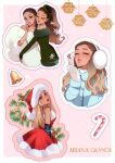  1girl absurdres animification ariana_grande bell black_gloves blonde_hair blowing_kiss blue_jacket blush border brown_eyes brown_hair candy candy_cane character_name christmas closed_eyes cosplay dress dual_persona earmuffs facing_up food fur-trimmed_dress fur-trimmed_headwear fur_trim gloves gradient_hair green_dress head_tilt highres holly hug jacket looking_at_viewer mariah_carey mariah_carey_(cosplay) multicolored_hair multiple_views off-shoulder_dress off_shoulder parted_lips pink_background pirorin21century real_life red_dress red_headwear red_lips santa_dress shaft_look white_border white_dress white_gloves 