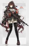  1girl absurdres alternate_color battle_rifle black_gloves black_shirt black_thighhighs brown_hair brown_jacket brown_skirt character_name dog_tags english_commentary full_body girls_frontline gloves grey_background gun highres holding holding_gun holding_weapon jacket long_hair m14 m14_(girls&#039;_frontline) m14_(mod3)_(girls&#039;_frontline) nslacka off-shoulder_shirt off_shoulder open_clothes open_jacket orange_eyes parted_lips pouch rifle rifle_cartridge sailor_collar scope shirt simple_background skirt smile sniper_rifle thigh-highs thigh_pouch thigh_sheath trigger_discipline twintails weapon weapon_name 