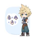  1boy ? belt blonde_hair blue_background blue_eyes blue_gloves blue_pants blue_vest boots character_name chest_strap chibi cloud_strife cloud_strife_(zidane&#039;s_outfit) commentary copyright_name crop_top cropped_vest earrings final_fantasy final_fantasy_vii final_fantasy_vii_ever_crisis full_body furrowed_brow gloves grey_footwear hand_to_own_mouth hands_up high_collar jewelry leather_belt male_focus maoli45222137 multiple_belts official_alternate_costume outline pants puffy_pants shirt short_hair shoulder_belt simple_background sleeveless sleeveless_turtleneck solo spiky_hair standing stud_earrings symbol-only_commentary thought_bubble turtleneck vest white_outline white_shirt 