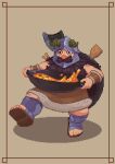  1boy axe beard brown_hair cooking dungeon_meshi dwarf facial_hair fake_horns full_body helmet highres horned_helmet horns long_beard looking_ahead male_focus o_o pixel_art pixeled_beard senshi_(dungeon_meshi) solo thick_mustache very_long_beard walking wok 