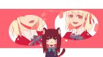  2girls animal_ear_fluff animal_ears artist_name blonde_hair blue_bow blue_bowtie blush_stickers bow bowtie cat_ears cat_girl cat_tail chinese_commentary commentary_request highres inoue_takina jacket kemonomimi_mode looking_at_viewer lycoris_recoil lycoris_uniform medium_hair multiple_girls nishikigi_chisato one_side_up open_mouth pink_background purple_jacket red_eyes red_jacket red_ribbon ribbon smile tail thought_bubble two-tone_background violet_eyes white_background yanlingjinshilihuahua 